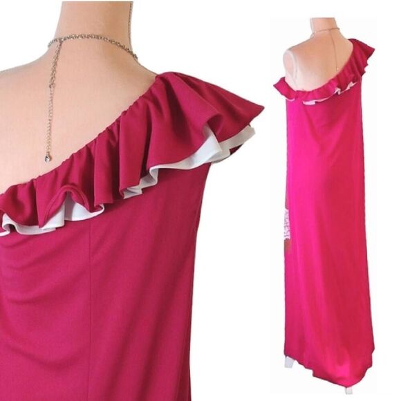 Alfred Shaheen VTG RARE Pink One Shoulder Hand Painted Maxi Dress Size 10 - Picture 10 of 13